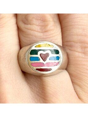 Rainbow Enameled Signet Southwest Sterling Silver 925 Vintage Ring - sz 6.25